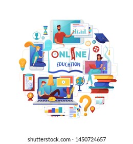 Online education web banner flat template. Electronic library, books ereading vector illustration. Students reading ebooks, pupils studying round composition. Internet video tutorials, distant classes