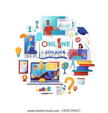 Online education web banner flat template. Electronic library, books ereading vector illustration. Students reading ebooks, pupils studying round composition. Internet video tutorials, distant classes