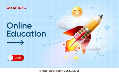 Online Education Web Banner With Flying Rocket. Back To School Template, Ad, Landing Page Or Poster For Web Design, Startup Or Courses. Vector Image