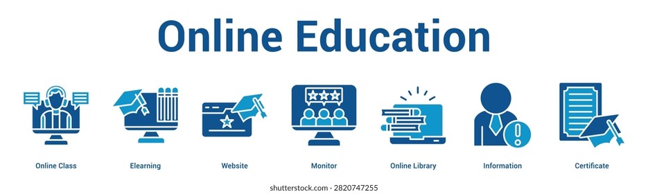 Online Education web banner icon set vector illustration concept for business with icon of Online Class, Elearning, Website, Monitor, Online Libra.