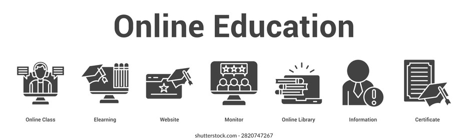 Online Education web banner icon set vector illustration concept for business with icon of Online Class, Elearning, Website, Monitor, Online Libra.