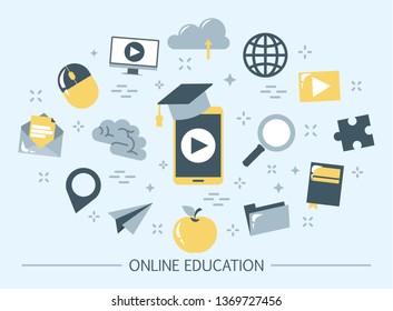Online education web banner. Idea of distance learning and remote courses. Study using computer. Digital course. Set of colorful icons. Isolated flat vector illustration