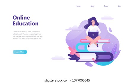 Online education web banner. Idea of distance learning and remote courses. Study using computer. Digital course. Vector illustration in cartoon style