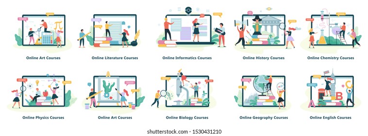 Online education web banner set. Idea of distance learning and remote courses. Study using computer. Digital course. Vector illustration in cartoon style