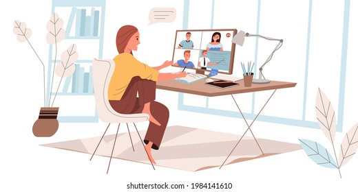 Concepto web de educación en línea de estilo plano. Mujer viendo clases de entrenamiento en computadora. Estudiante estudiando a distancia en casa. Escenas de actividades de personajes. Ilustración vectorial para la plantilla de sitio web