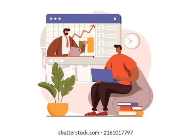 Online education web concept in flat design. Teacher explains lessons remotely, student studying with laptop. Online learning programs at educational platform. Vector illustration with people scene