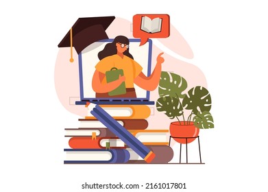 Online education web concept in flat design. Teacher teaches remotely. Online library, e-learning on educational platform, graduation and getting diploma. Vector illustration with people scene