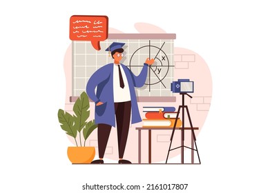Online education web concept in flat design. Teacher explains lesson near blackboard, recording webinar at camera, prepares video for educational platform. Vector illustration with people scene
