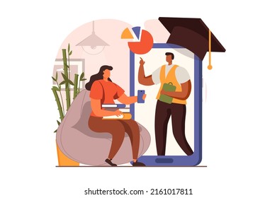 Online education web concept in flat design. Teacher explains lesson on smartphone screen, woman student are listening webinar, reading books, gain knowledge. Vector illustration with people scene