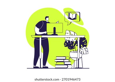 Concepto de Web de educación en línea con personas planas para el diseño de Sitios web. Muchos estudiantes aprenden en la computadora, leen libros digitales, usan servicios de Biblioteca y obtienen información para las lecciones. Ilustración vectorial.