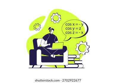 Concepto de Web de educación en línea con personas planas para el diseño de Sitios web. Mujer aprendiendo en clase a distancia, resolviendo problemas de matemáticas en la computadora portátil, preparándose para la conferencia de ciencias de Internet. Ilustración vectorial.