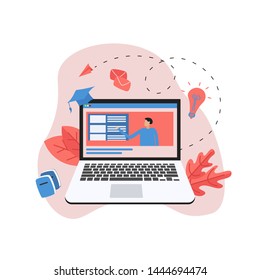 Online education or web course in desktop monitor with distance teacher. E-learning concept.	