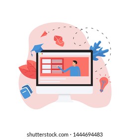 Online education or web course in desktop monitor with distance teacher. E-learning concept.	