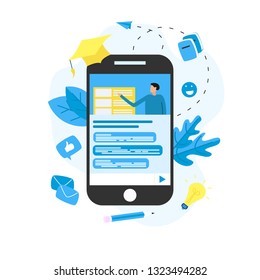 Online education or web course in device screen with distance teacher. E-learning concept.