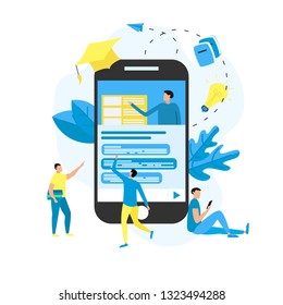 Online education or web course in device screen with distance teacher. E-learning concept.