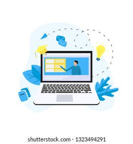 Online education or web course in laptop monitor with distance teacher. E-learning concept.