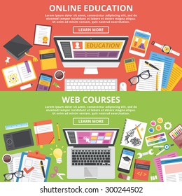 Online education, web courses flat illustration concepts set. Top view. Modern abstract flat design concepts for web banners, web sites, printed materials, infographics. Creative vector illustration