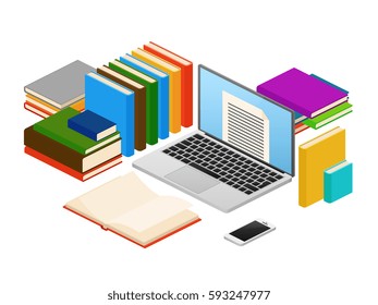 Online education, web e-book shop, library vector isometric concept
