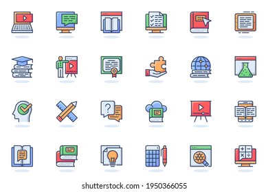 Online education web flat line icon. Bundle outline pictogram of online tutorials, training courses, reading e-books, distant learning concept. Vector illustration of icons pack for website design