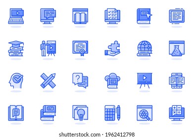 Online education web flat line icon. Bundle outline pictogram of online tutorials, training courses, reading e-books, distant learning concept. Vector illustration of icons pack for website design