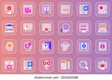 Online education web glassmorphic icons set. Pack outline pictograms of webinar or video lessons, e-book at library, learning, science research, graduation diploma and other. Vector line glass symbols