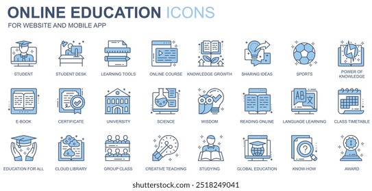 Iconos web de educación en línea establecidos en diseño de línea duotono. Paquete de estudiantes, escritorio, herramientas de aprendizaje, curso, crecimiento del conocimiento, compartir ideas, universidad, otros pictogramas de trazo de contorno. Ilustración vectorial