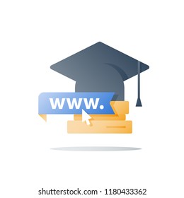 Online education, web learning, distant study, graduation hat and books stack, cursor arrow click, vector icon, flat illustration