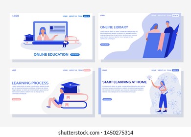 Online education web page concepts. Web page design templates set of online education, library, learning at home, learning process. Modern vector illustration designs for website development.
