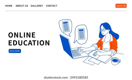 Online education web page. Student Learning Online at Home. Outline character sitting at desk, looking at Laptop and Studying. Working, education and shopping concept. Vector doddle illustration.