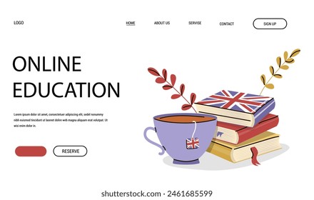 Online education web page template. In doodle style, flat design, vector