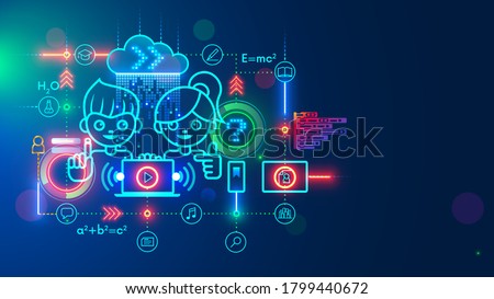 Online education web platform for distance teaching children on laptop. Boy and girl learning in school through internet. E-learning services technology. Remote study school subject. Concept on blue.