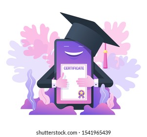 Online education web seminar courses concept  - webinar studying - graduation certificate (diploma) - smart phone with hands and square academic cap