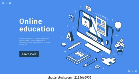 Online education web seminar internet class distance e learning computer book stationery banner landing page isometric vector illustration. Webinar, digital classroom, remotely tutorial teaching