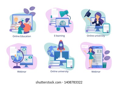 Online education. Web study distance trainings tutorials webinars and courses for students from teachers vector concept pictures. Illustration of webinar and e-leaning, online course, studying seminar