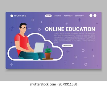 Online education web ui design template with vector illustration of a person sitting with laptop 