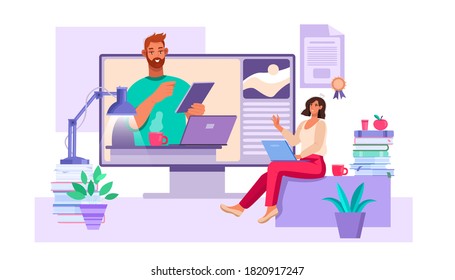 Online education and webinar concept with tutor, young student, laptop, books, diploma. Virtual meeting or training illustration with teacher and woman working at home. Online education flat banner