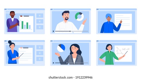 Online education. Webinar, online conferences, lectures, and training. People teaching online. Vector flat illustration.
