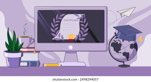 
Online Education or Webinar Courses Concept with Certificate on a monitor screen, and some educational objects on a table desk in flat style.