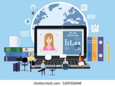 Online education webinar icons composition with teacher coach trainer women and students on laptop electronic library distance education, online courses, e-learning, tutorials training courses. Vector