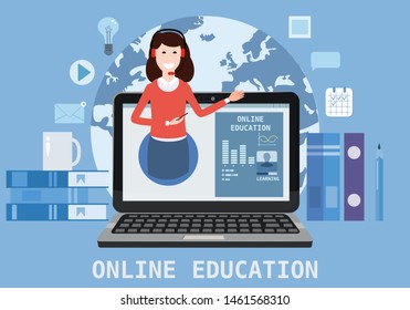 Online education webinar icons composition with teacher coach trainer women on laptop electronic library distance education, online courses, e-learning, tutorials training courses. Vector flat