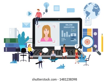 Online education webinar icons composition with teacher coach trainer women and students on laptop electronic library distance education, online courses, e-learning, tutorials training courses. Vector