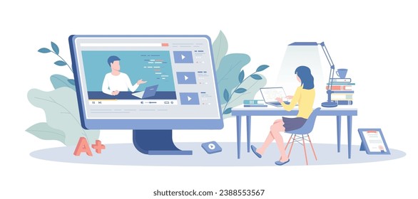 Online Education. Webinar in internet school, university or college. Student watching distant lesson. Vector illustration with character situation for web.	
