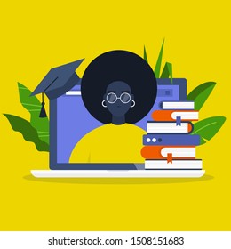 Online education. Webinar. Laptop screen, a stack of books and a graduation cap. Young black female character portrait. Flat editable vector illustration, clip art