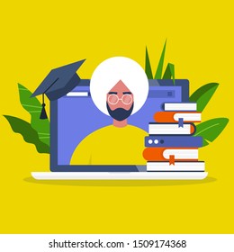 Online education. Webinar. Laptop screen, a stack of books and a graduation cap. Young indian male character portrait. Flat editable vector illustration, clip art