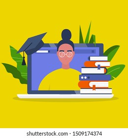 Online education. Webinar. Laptop screen, a stack of books and a graduation cap. Young female character portrait. Flat editable vector illustration, clip art
