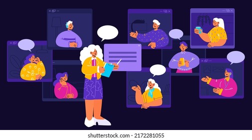 Online education, webinar, teacher and students lesson via video conference internet connection. Female tutor conduct class on device screen, distant school training, Line art flat vector illustration