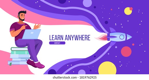 Online education and webinar vector concept with student, laptop, books, space, rocket. Virtual training or courses banner with successful freelancer. Online school or university education background
