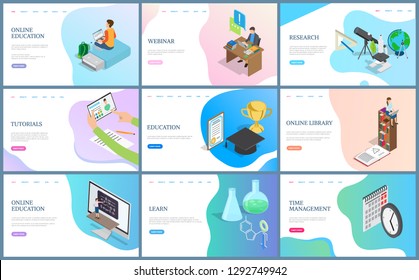 Online education and webinar vector, research and time management. Library and tutorials on web pages, laptop and computer, digital technology and science. Website template landing page in flat