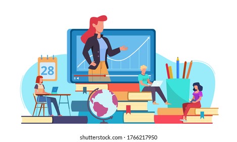 Online Education. Webinar And Video Seminar Learning, Online Teacher On Computer Monitor, Internet Teaching And E-learning, Tutorials For Students, Flat Vector Concept