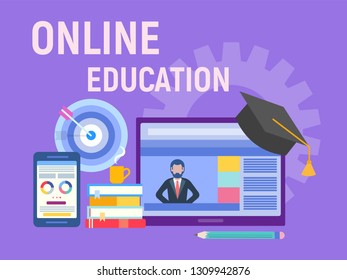 Online education, webinar, workshop concept. Web training, Professor teaches on the Internet. Studying foreign languages. Vector illustration for social media marketing and blogging.